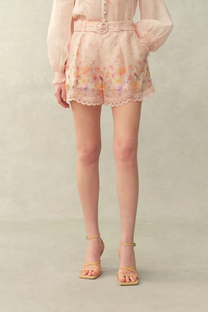 Lillian Handpainted Floral Embroidery Belted Shorts in Silk Linen Orga | Fabrique