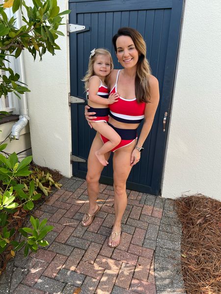 This mommy and mini suit comes in a bunch of colors. The fit is high-rise and offers great coverage. Sized up one in both the top and bottom for myself. Wearing size medium. 

#LTKFamily #LTKFindsUnder100 #LTKSwim