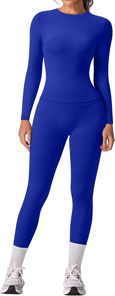 RXRXCOCO Slim Fit Workout Sets for Women 2 Piece Hidden Scrunch Leggings Long Sleeve Yoga Tops Ma... | Amazon (US)