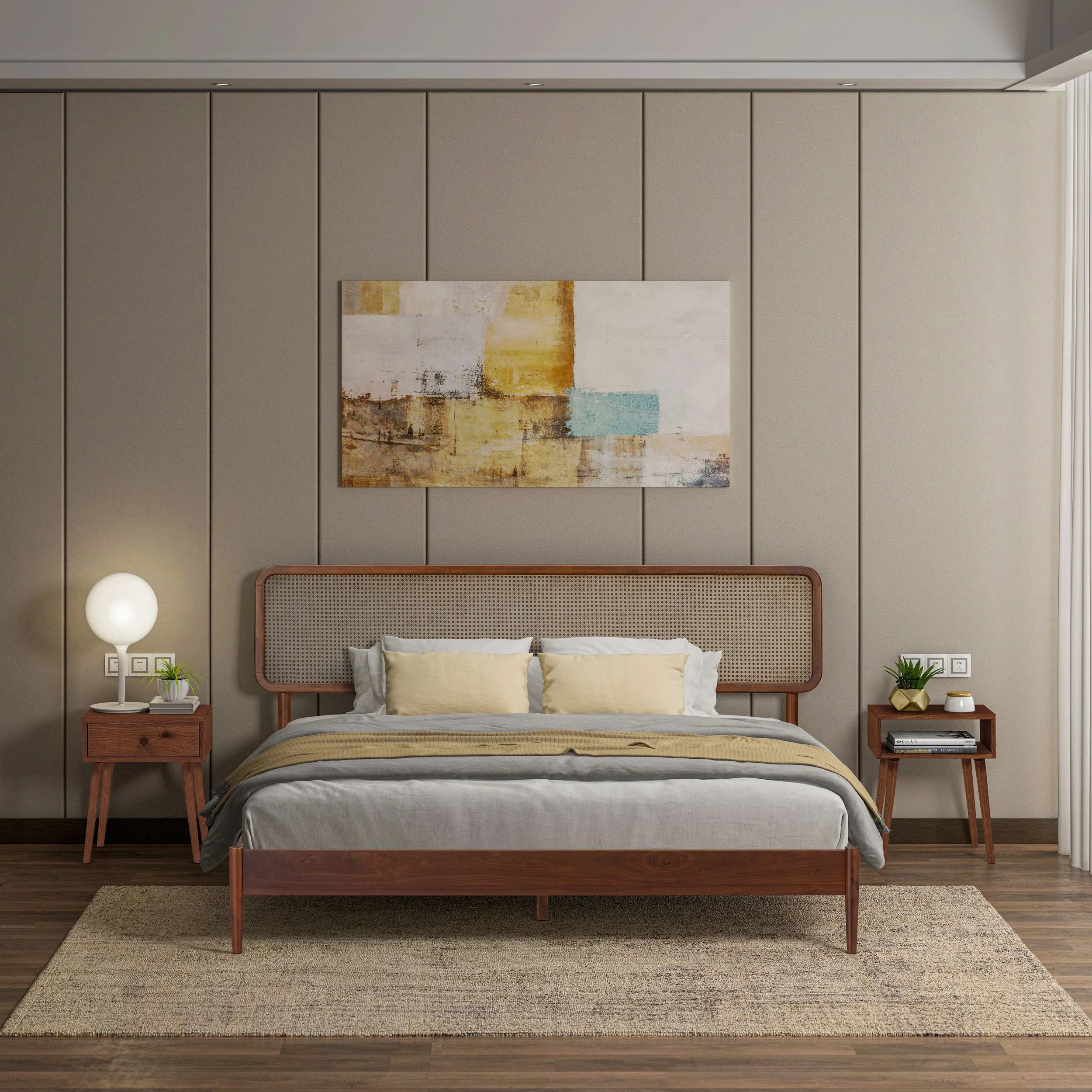 NTC Lupin Solid Wooden Bed Frame With Headboard And Natural Rattan | Wayfair North America