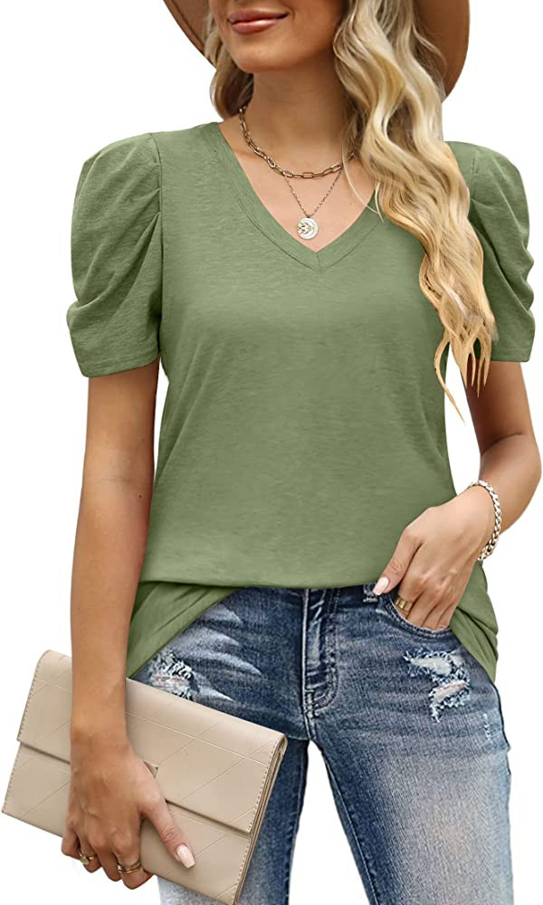 LYHIPSS Women Tops Puff Shorts Sleeve Business Casual Dressy V Neck Shirts Blouse Summer Cute Top... | Amazon (US)
