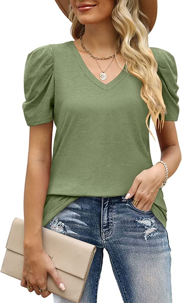 LYHIPSS Women Tops Puff Shorts Sleeve Business Casual Dressy V Neck Shirts Blouse Summer Cute Top... | Amazon (US)