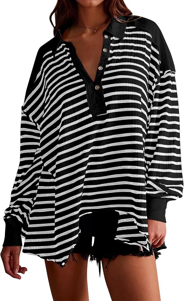 Women Oversized Striped Sweatshirts Lapel Collar Long Sleeve Polo Shirts 2024 Loose Casual Asymme... | Amazon (US)