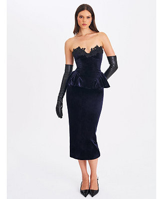 Miss Circle Women Pascha Black Lace Appliqué Strapless Peplum Maxi Dress - Macy's | Macy's