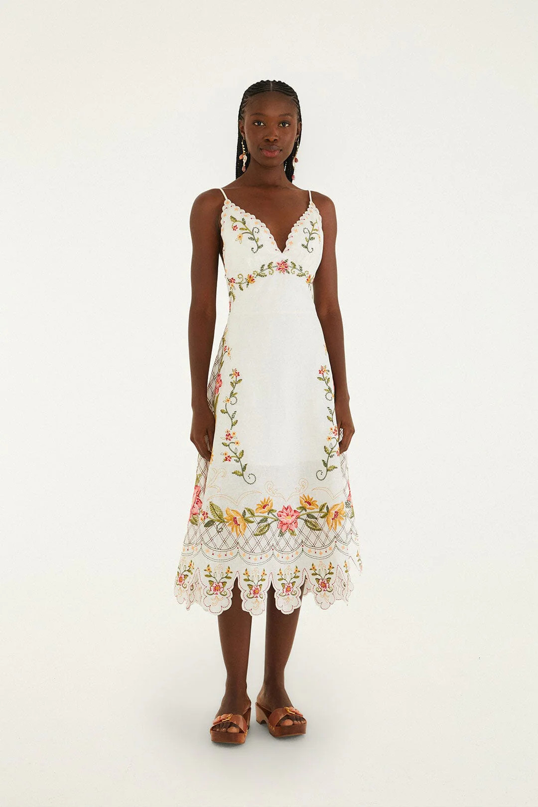 Off-White Flower Embroidery Asymetric Hem Midi Dress | FarmRio (US)