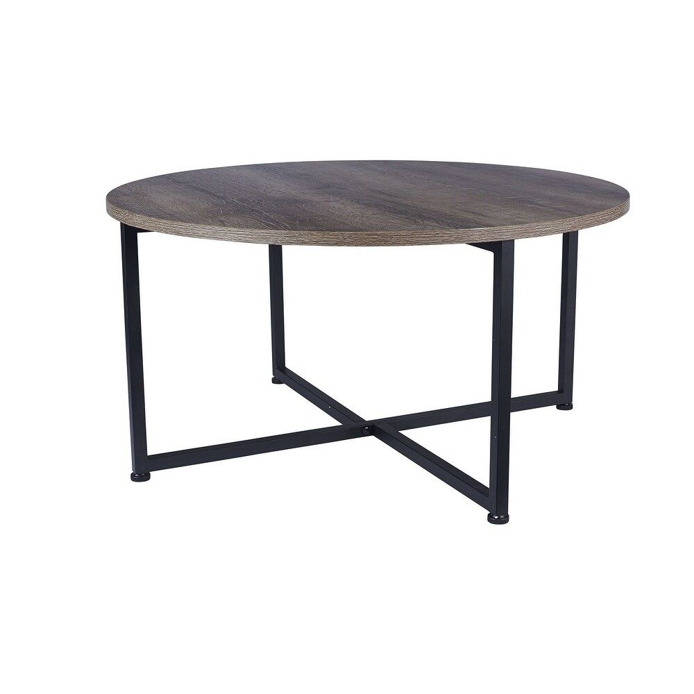 Carbon Loft Cartwright Distressed Ash Grey-finished Laminate Round Coffee Table with Black Metal Fra | Bed Bath & Beyond