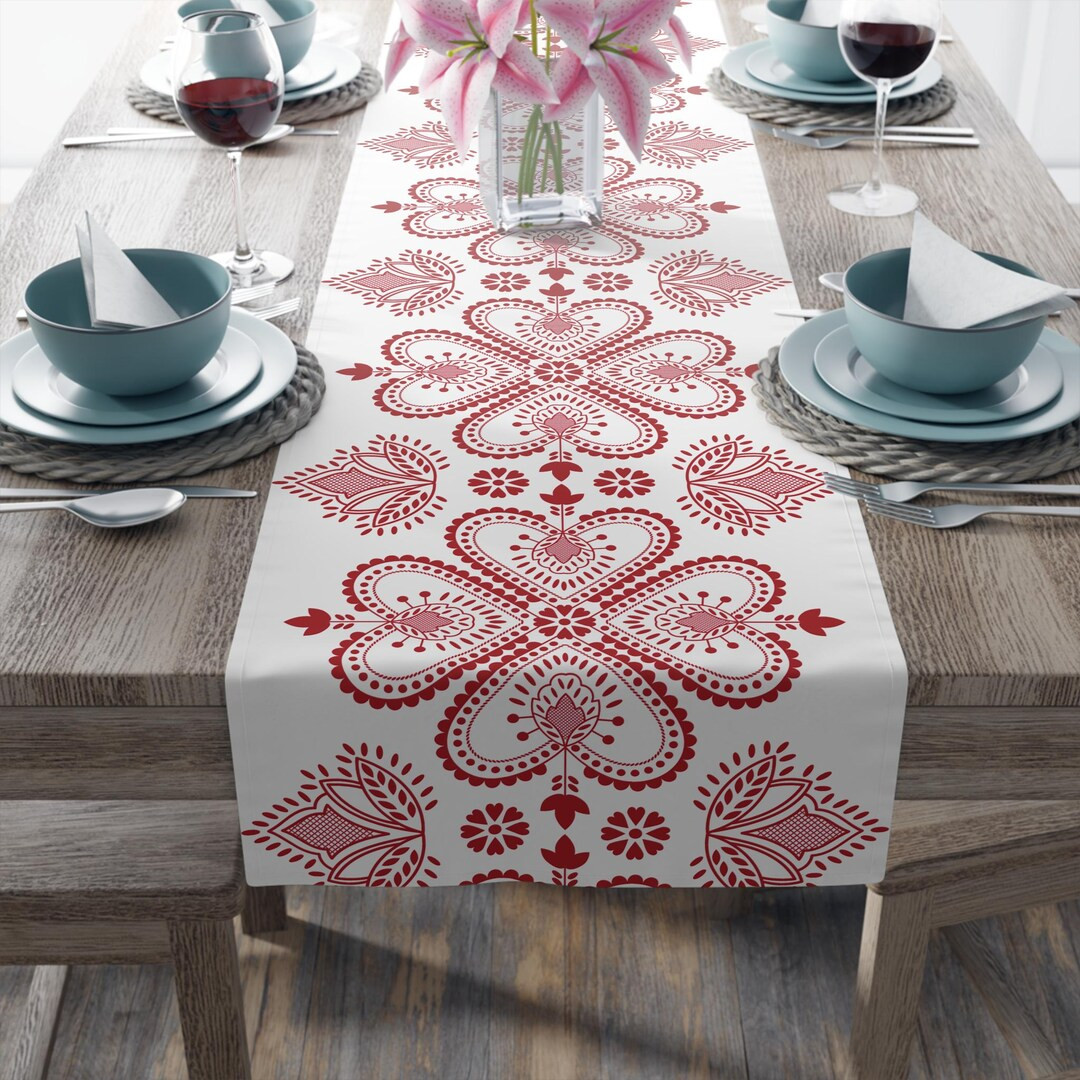 Red Nordic Valentine's Day Table Runner | Scandinavian Floral Tablecloth | Traditional Folk Dinin... | Etsy (US)