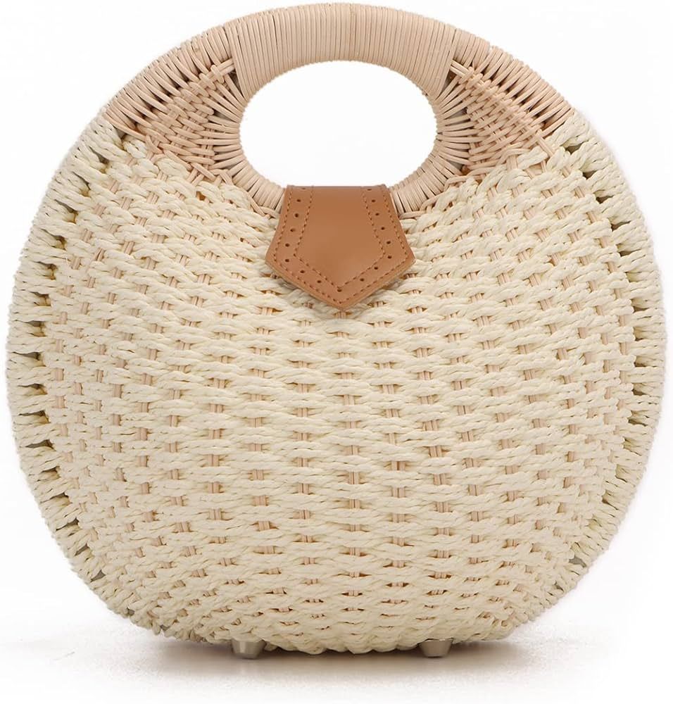 Ynport Straw Purses for Women Summer Beach Rattan Tote Bag Round Handle Ring Handbag Retro Handma... | Amazon (US)