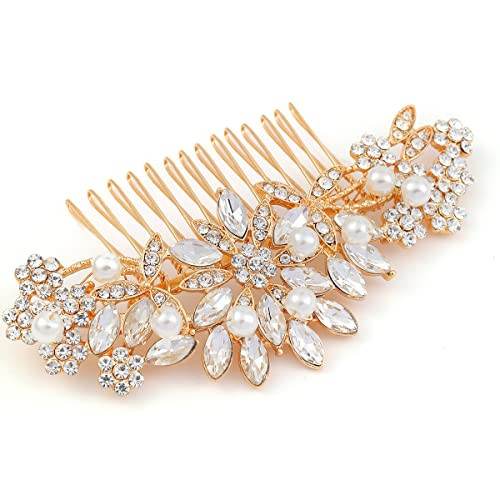 Hapibuy Crystal Wedding Hair Comb Bridal Hair Comb with Pearl Wedding Headpiece for party wear Golden Hair Accessory | Amazon (US)