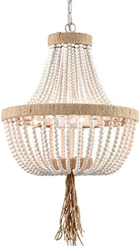 Farmhouse White Wood Beaded Chandeliers Large Dining Room Pendant Chandelier Wooden Bead Chandelier | Amazon (US)