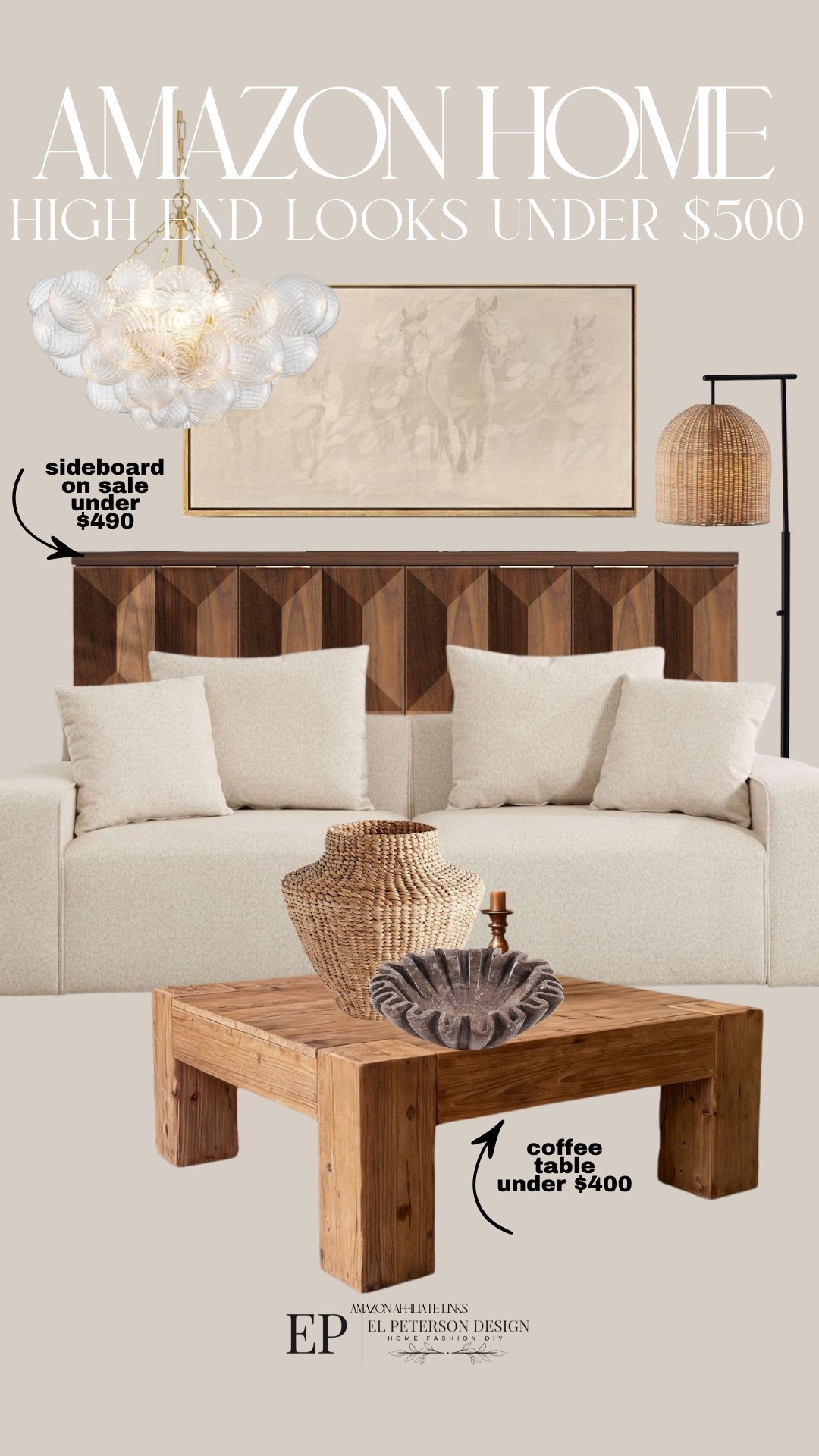Amazon
Artwork
Pendant light
Floor lamp
Coffee table
Vase
Bowl
Sofa
Sideboard