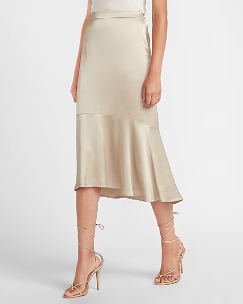High Waisted Satin Drape Front Midi Skirt | Express