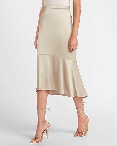 High Waisted Satin Drape Front Midi Skirt | Express