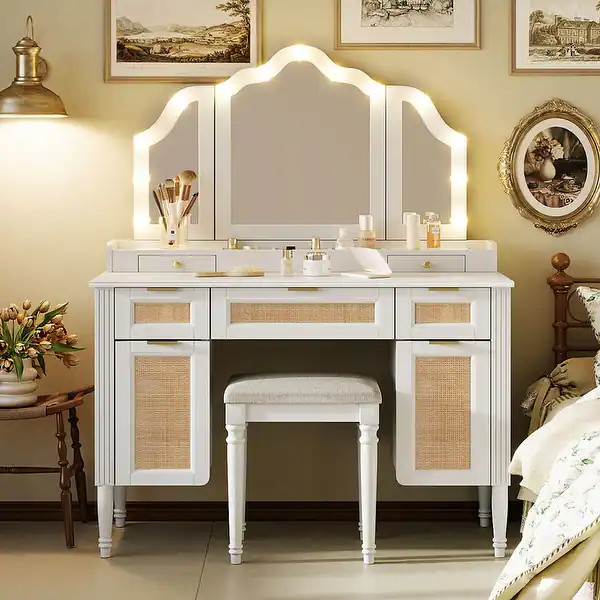 Modern White Makeup Vanity Set with Curved Tri-Panel Mirror, Wicker Rattan Front Drawers & Turned... | Bed Bath & Beyond