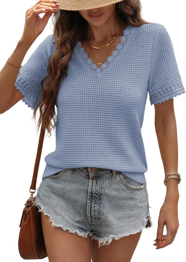 Dokotoo Women's Casual V Neck Short Sleeve Waffle Knit Lace Patchwork Shirts Summer Loose Basic T... | Amazon (US)