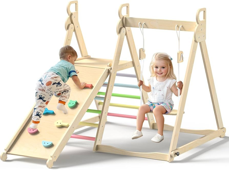 BlueWood 4 in 1 Indoor Jungle Gym, Foldable Wooden Climbing Set with Swing, Slide, Ladder and Cli... | Amazon (US)