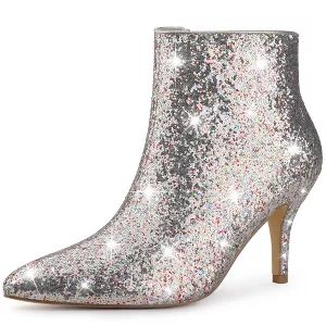 Perphy Women's Glitter Sequin Pointed Toe Stiletto Heel Ankle Boots | Target