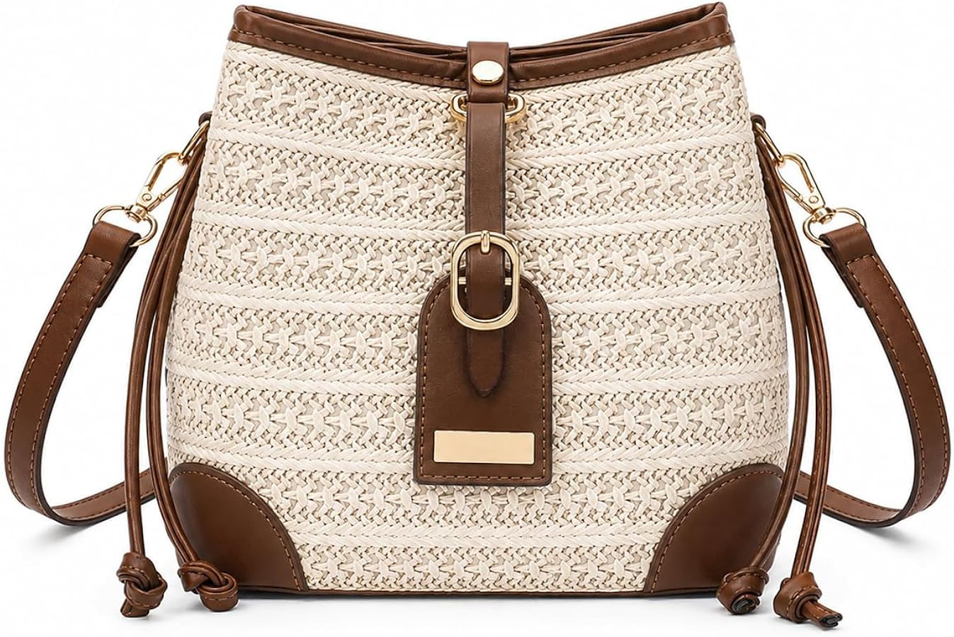 Women's Straw Bucket Bag Crossbody Bags for Summer Beach Travel Drawstring Removable Strap | Amazon (US)