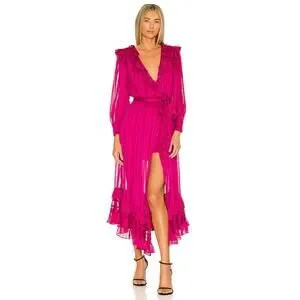 MISA LOS ANGELES Gabriella Dress Fuchsia Faux Wrap Ruffle Blouson Sleeve Med NEW | Poshmark