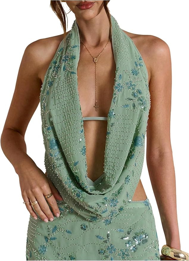 SHENHE Women's Y2k Sequin Halter Top Deep V Low Cut Open Back Floral Embroidered Sexy Party Club ... | Amazon (US)