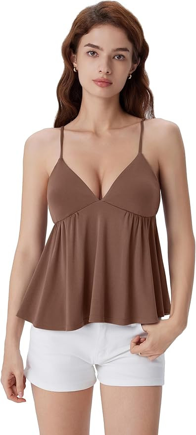 SUUKSESS Women V Neck Babydoll Tank Tops with Built in Bra Summer Cute Peplum Cami Going Out Tops | Amazon (US)