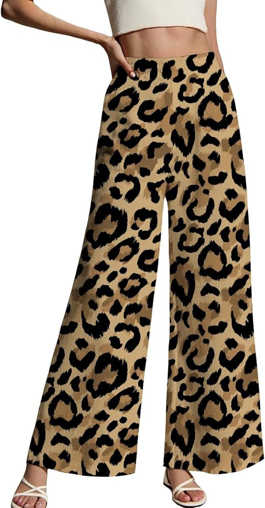 LIZALIG Women's Leopard Print Pants High Waist Wide Leg Trousers with Elastic Waistband Casual Lo... | Amazon (US)
