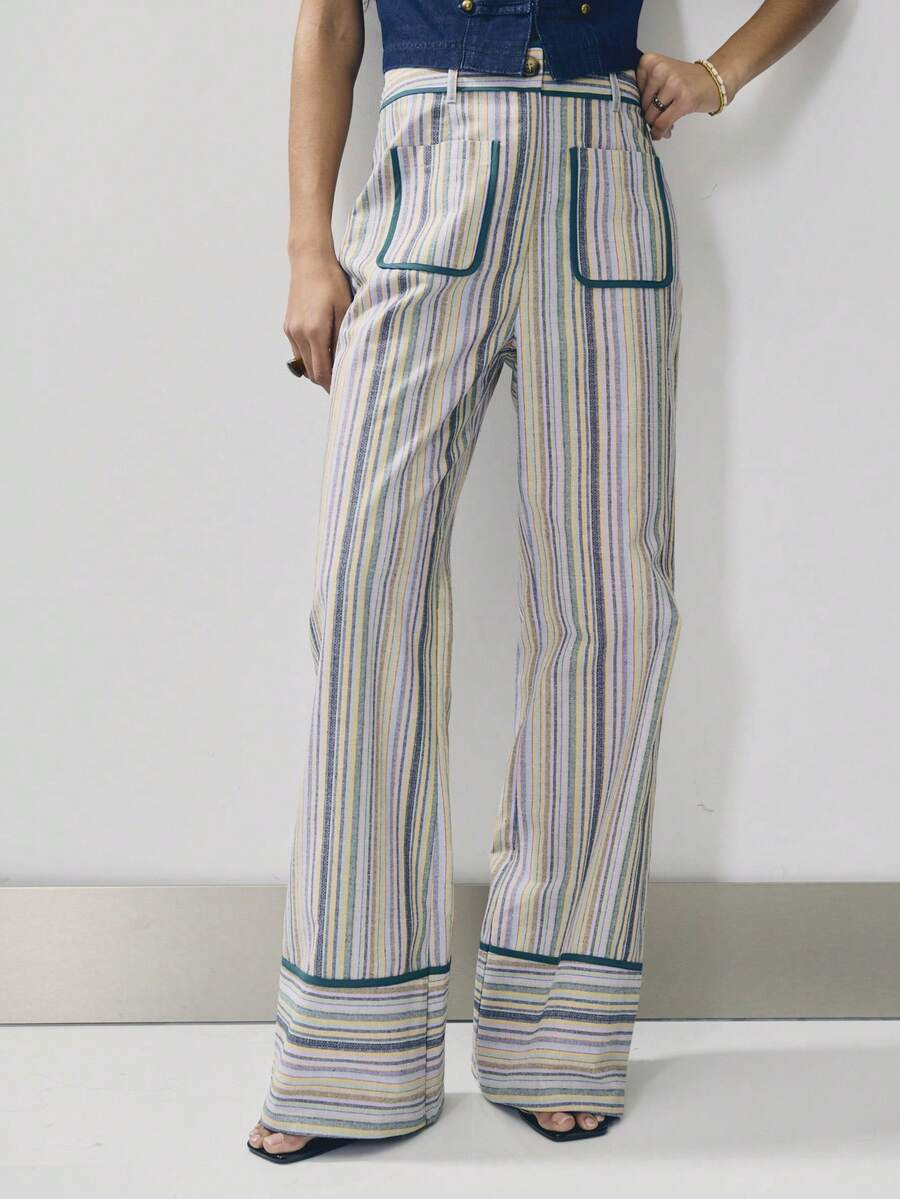 Nöista High-Waist Striped Wide-Leg Pants With Contrast Piping, Patch Pkets, And Cuff Hem.Perfect... | SHEIN