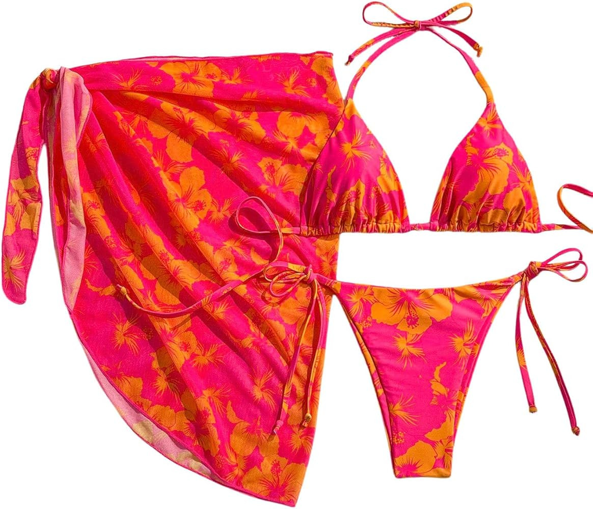 Verdusa Women's 3 Piece Floral Halter Triangle Bikini Set Tie Back Swimsuit with Cover Up Skirt S... | Amazon (US)