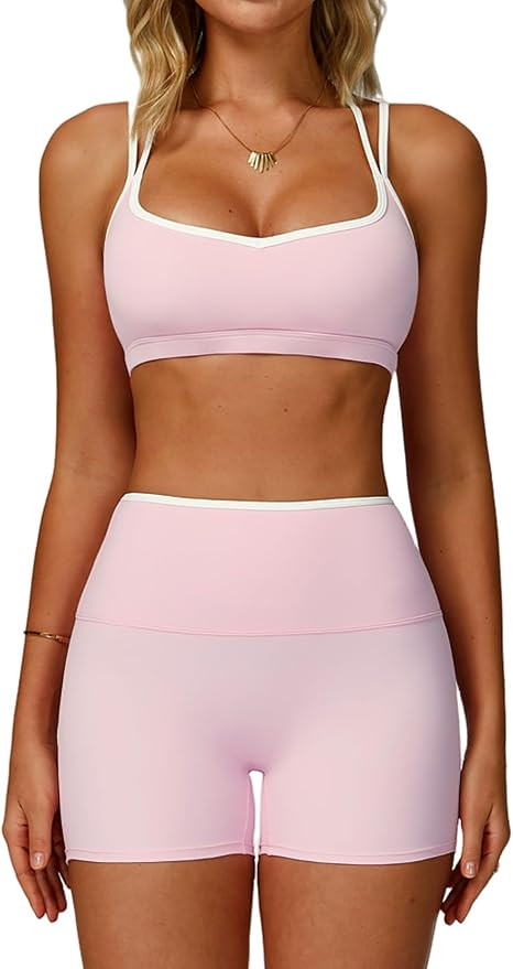 QBGJTD Two Piece Workout Sets For Women Sports Bra Matching High Waist Scrunch Butt Shorts Gym Yo... | Amazon (US)