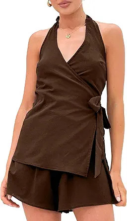 Women’s 2 Piece Set Summer Outfits Sleeveless Backless Halter Top Short Sets Travel Vacation Ma... | Amazon (US)