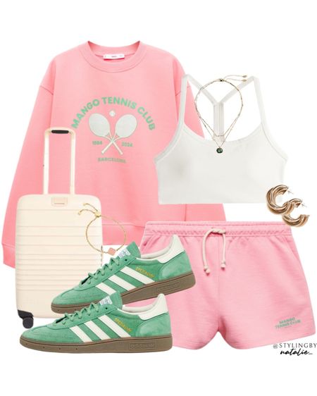 Pink graphic sweatshirt and shorts co ord set, white crop top, green trainers.
Travel outfit, holiday, airport look, comfy casual summer look.

#LTKtravel #LTKstyletip #LTKeurope