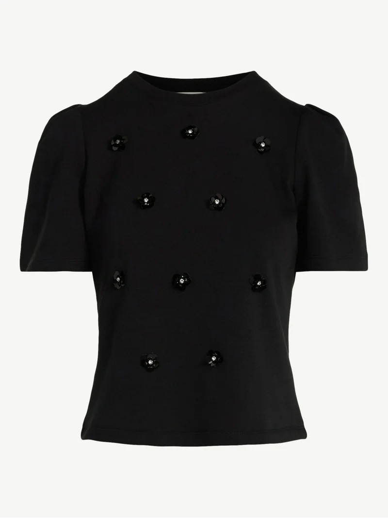 Free Assembly Women's and Women's Plus Embellished Pleat Shoulder Top with Short Sleeves, Sizes X... | Walmart (US)
