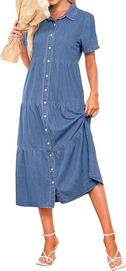 luvamia Denim Dress for Women Button Down Long Jean Shirt Vacation Dresses Babydoll Tiered Casual... | Amazon (US)