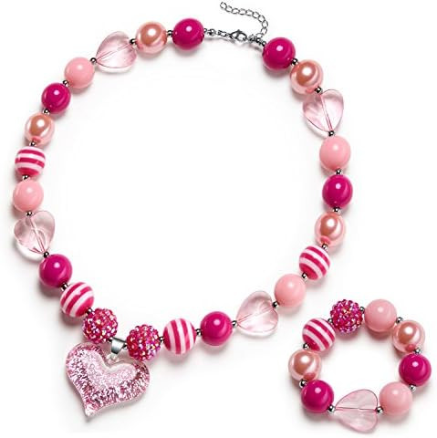 VCMART Girls Gilitter Heart Chunky Bubblegum Bead Necklace & Bracelet Set Fashion Jewelry Pendant... | Amazon (US)