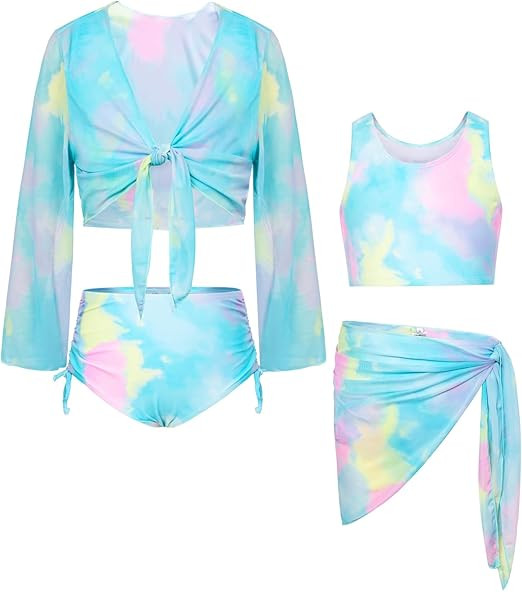 GRACE KARIN Girls 4 Piece Bathing Suit Taniki Swimsuit Tie Front Bikini Set with Kimono Cover Up ... | Amazon (US)