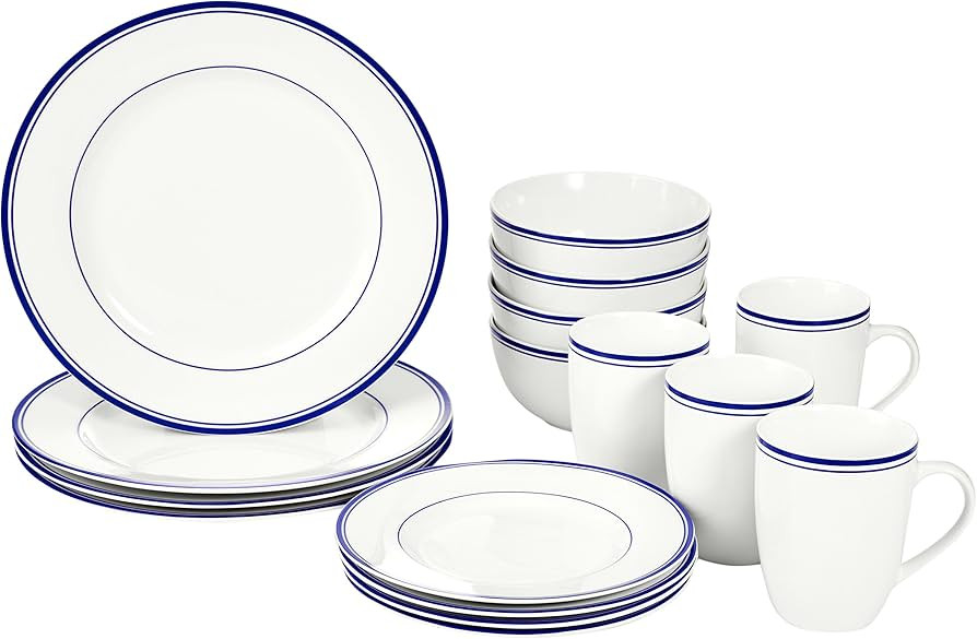 Amazon.com | Amazon Basics 16-Piece Cafe Stripe Dinnerware Set, Microwave and Dishwasher Safe, Plates, Bowls, Mugs, Service for 4, Blue: Dinnerware Sets | Amazon (US)