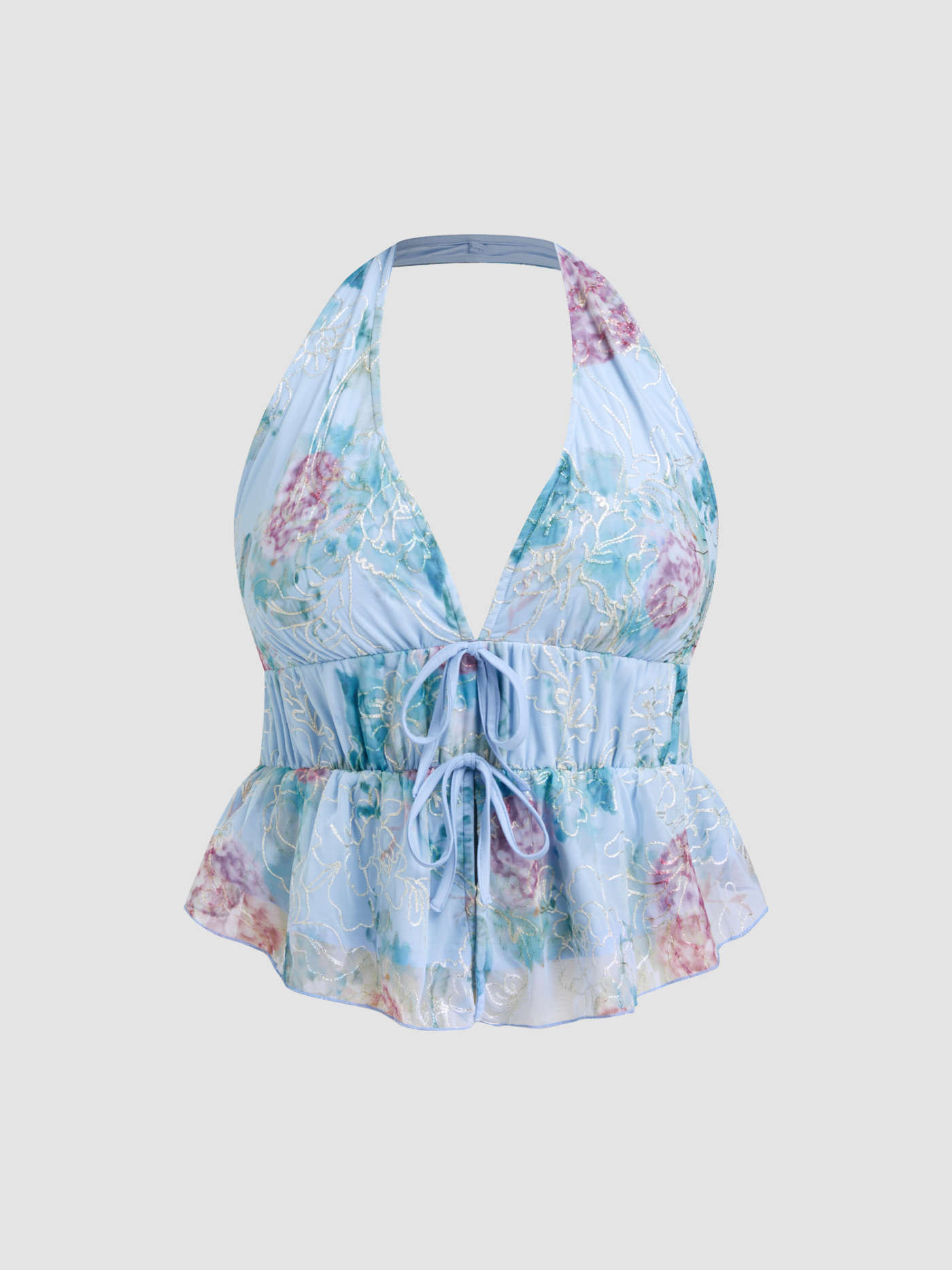 Woven Halter Neckline Floral Knotted Tank Top Curve & Plus For Date Gym/Sports | Cider