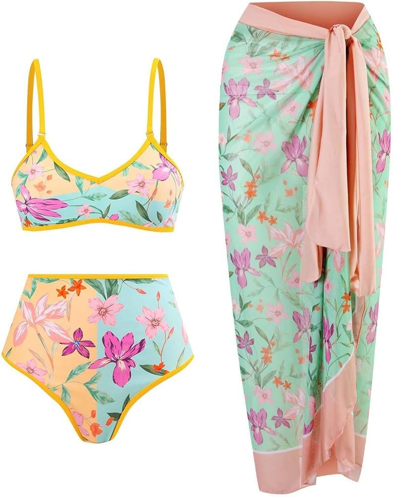 IDOPIP Women's One Piece Swimsuit with Beach Cover up Wrap Skirt Sarong Retro Floral Print Bikini... | Amazon (US)