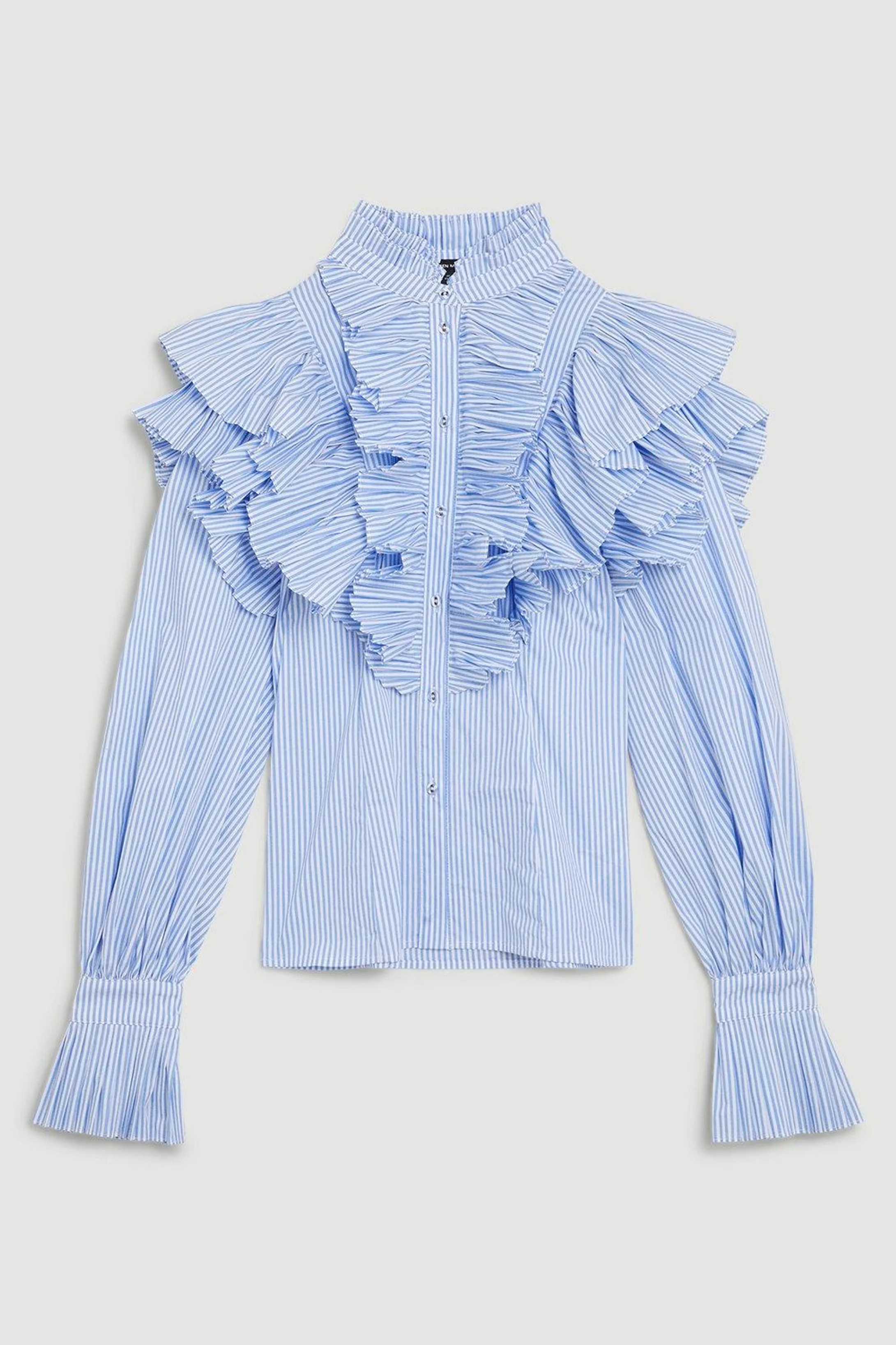 Pleated Striped Ruffle Woven Shirt | Karen Millen UK + IE + DE + NL