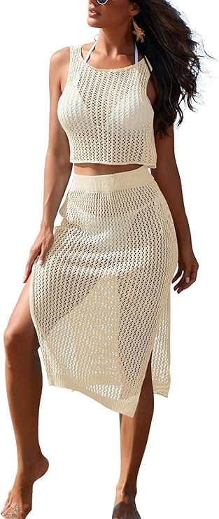 Sovoyontee Women's 2 Piece Crochet Swimsuits Coverup Hollow Out Knit Swim Cover up Bathing Suit S... | Amazon (US)