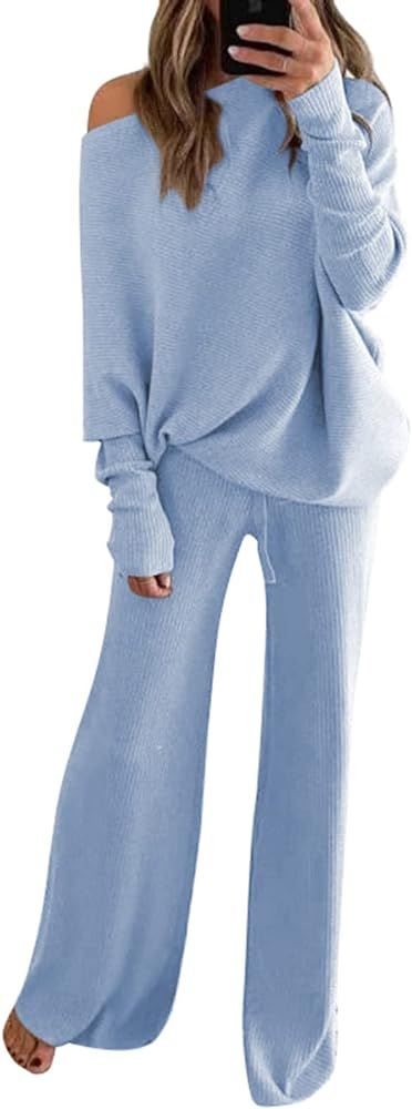Womens 2 Piece Outfits One Shoulder Knit Sweater Pullovers Wide Leg Pants Sets Sweatsuit Tracksui... | Amazon (US)