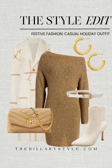 The Style Edit: Festive Fashion—Casual Holiday Outfit. Sweater dress, ankle boots, plaid coatigan, plaid coat, crossbody bag, gold hoop earrings, cream belt. Nordstrom, Thread & Supply, Saks, Target, YSL, Anthropologie. Sweater dress outfit, holiday outfit, casual winter outfit.

#LTKHoliday #LTKstyletip #LTKSeasonal