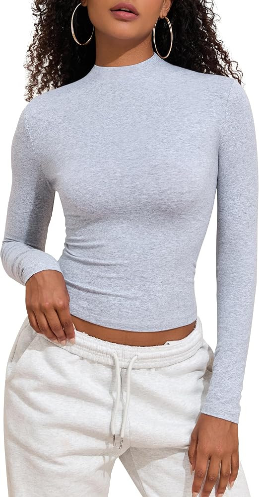 PrettyGuide Women's Cotton Long Sleeve Shirts Mock Neck Basic Tee Tight Fitted Fall Y2K Crop Top ... | Amazon (US)