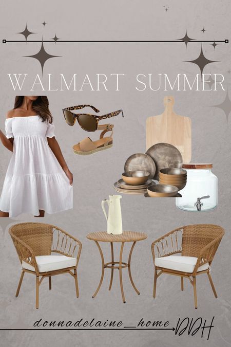 Summer patio: pretty bistro set, outdoor dinnerware. Perfect for enjoying the outdoors. 
Love the cute off shoulder dress! 
Walmart rollback prices, summer outdoor living 

#LTKHome #LTKSeasonal
