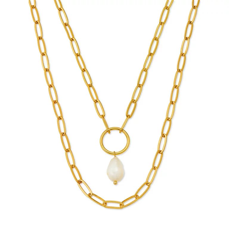 Scoop Brass Yellow Gold-Plated Layered Imitation Pearl Link Necklace, 15" + 3" Extender | Walmart (US)