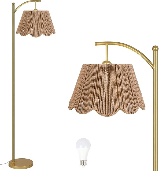Arc Floor Lamp for Living Room with Remote Control，Rattan Boho Floor Lamp with Hand-Woven Wicke... | Amazon (US)