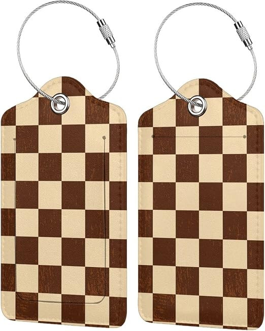 2PCS Brown Beige Checkered Luggage Tag for Suitcases Leather Travel Cruise Luggage Tags with Stai... | Amazon (US)