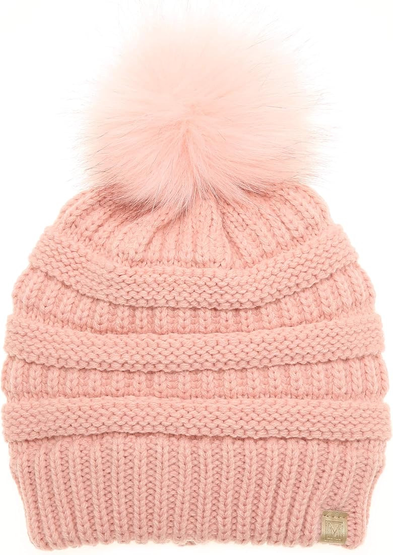 MIRMARU Kids Boys & Girls Winter Soft Warm Knitted Beanie Hat with Faux Fur Pom Pom for Ages 7-12 | Amazon (US)