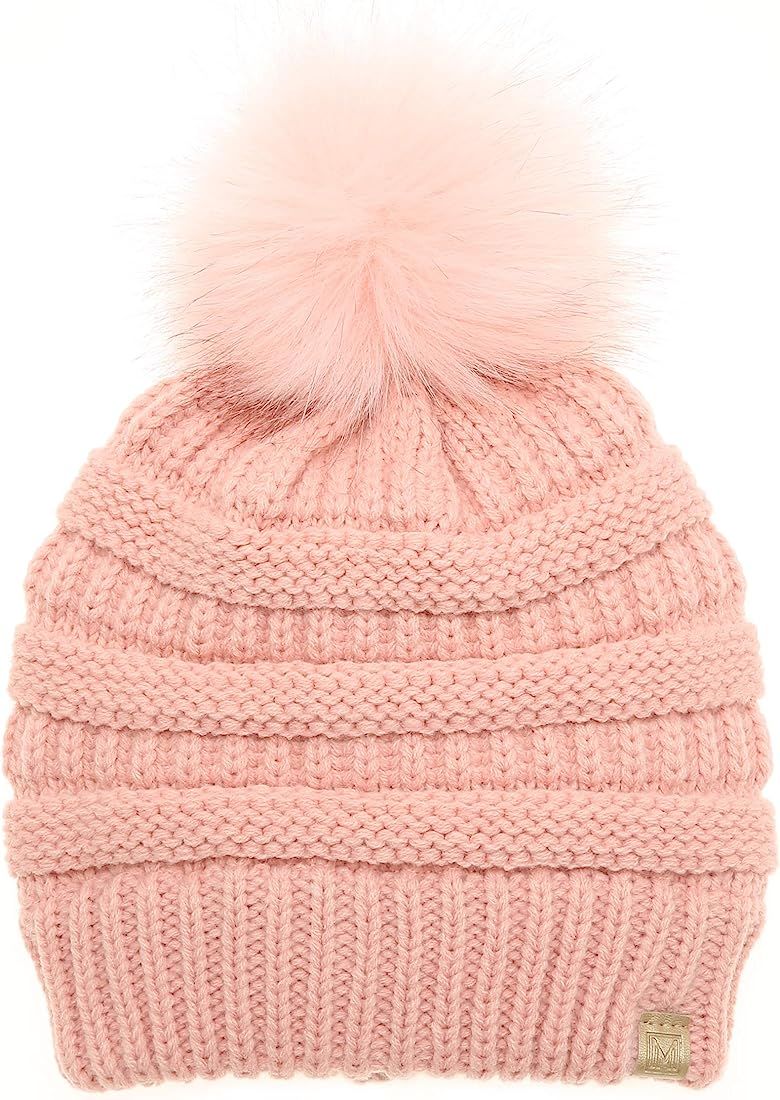 MIRMARU Kids Boys & Girls Winter Soft Warm Knitted Beanie Hat with Faux Fur Pom Pom for Ages 7-12 | Amazon (US)