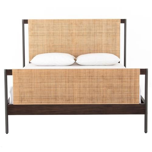 Elle Coastal Beach Natural Woven Cane Brown Mahogany Wood Bed - Queen | Kathy Kuo Home